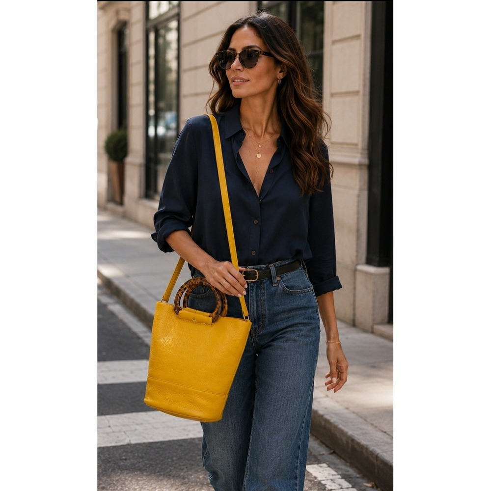 7 For All Mankind Bucket Bag Yellow Leather Tortoise Handles With Dust Bag NWT